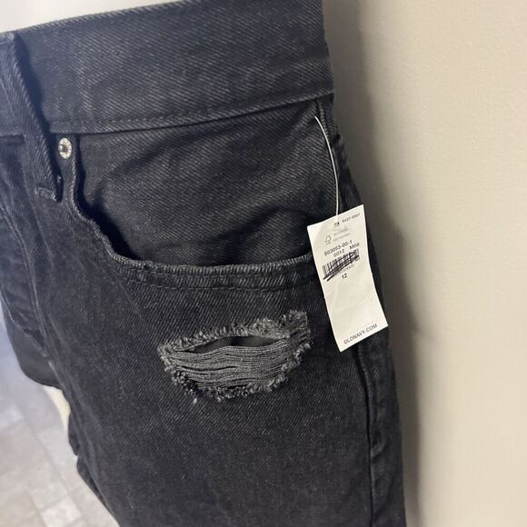 Old Navy High Rise Black Slouchy Straight Distressed Short Button Zip Pockets 12 - Picture 5 of 10
